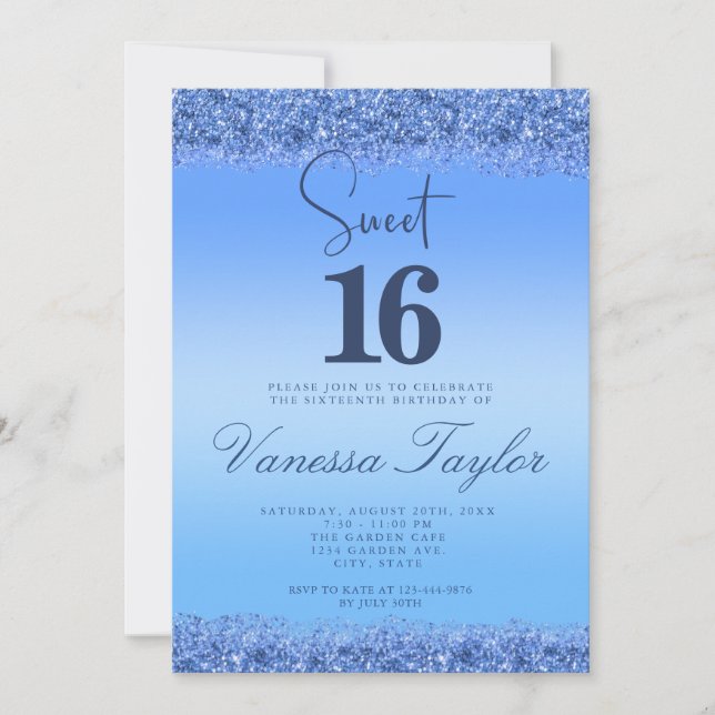 Blue Faux Glitter Sweet 16 Birthday Invitation (Front)