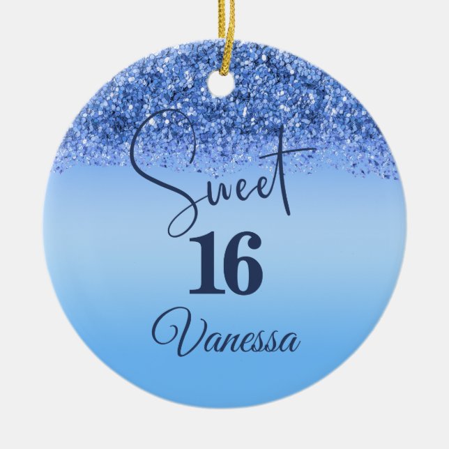 Blue Faux Glitter Sweet 16 Birthday Party Ornament (Front)