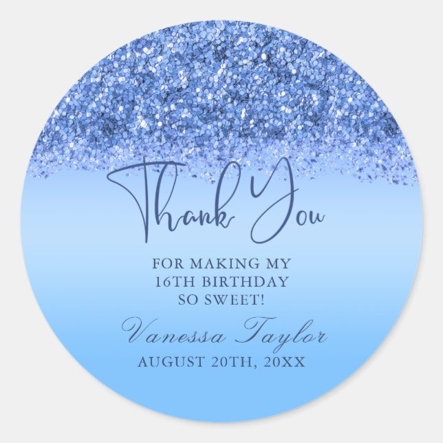 Blue Faux Glitter Sweet 16 Birthday Thank You Classic Round Sticker (Front)