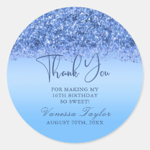 Blue Faux Glitter Sweet 16 Party Thank You Classic Round Sticker