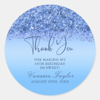 Blue Faux Glitter Sweet 16 Party Thank You Classic Round Sticker