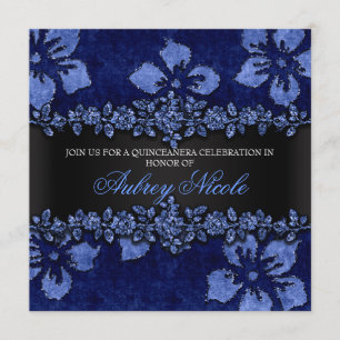 Blue Faux Glitter & Velvet Floral Quinceanera Invitation