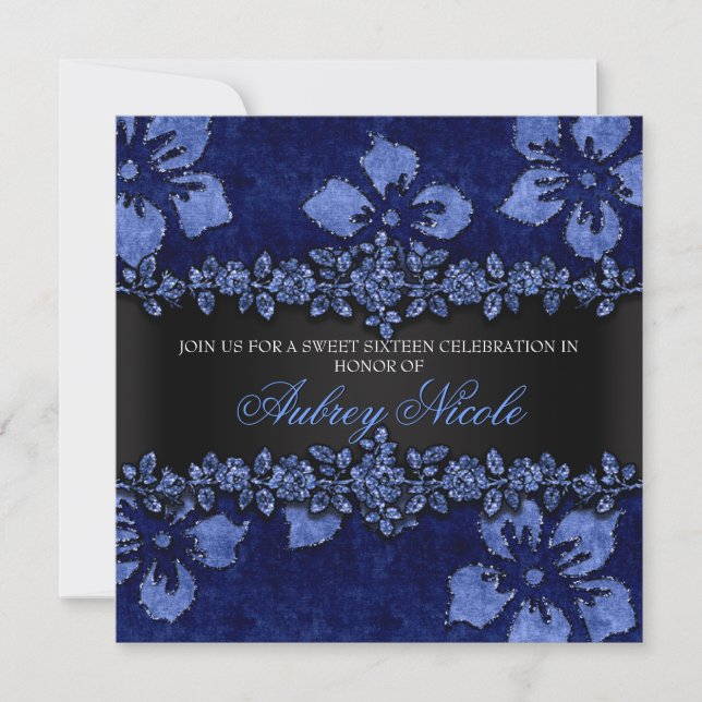 Blue Faux Glitter & Velvet Floral Sweet Sixteen Invitation (Front)