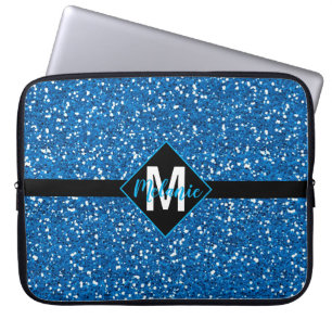 Blue Faux Glitter with Monogram Laptop Sleeve