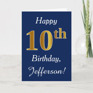 Blue, Faux Gold 10th Birthday + Custom Name Card