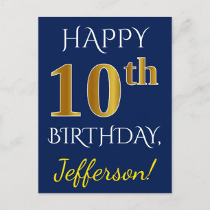 Blue, Faux Gold 10th Birthday + Custom Name Postcard
