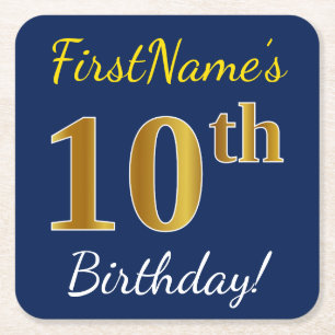 Blue, Faux Gold 10th Birthday + Custom Name Square Paper Coaster