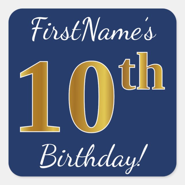 Blue, Faux Gold 10th Birthday + Custom Name Square Sticker (Front)