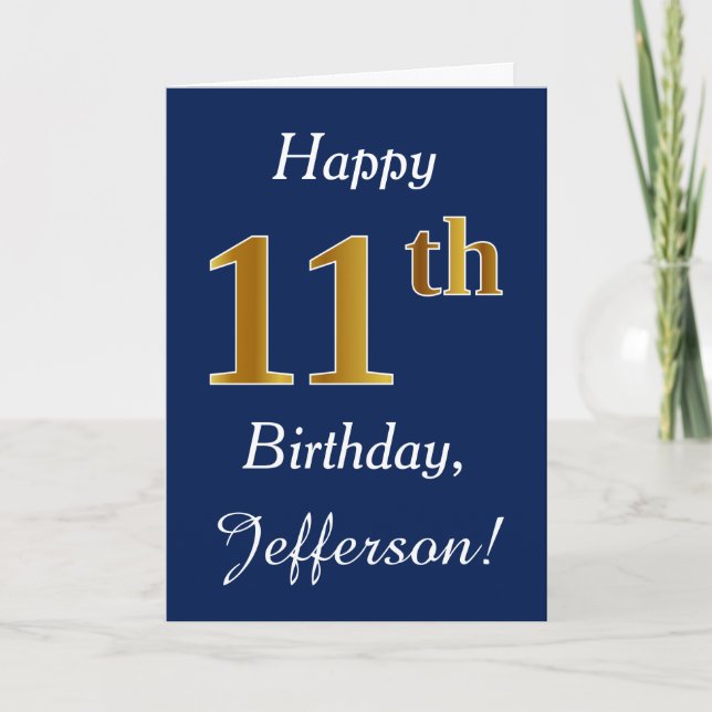 Blue, Faux Gold 11th Birthday + Custom Name Card (Front)