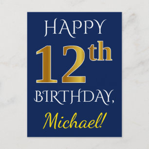 Blue, Faux Gold 12th Birthday + Custom Name Postcard
