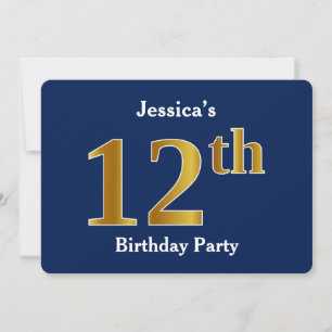 Blue, Faux Gold 12th Birthday Party + Custom Name Invitation