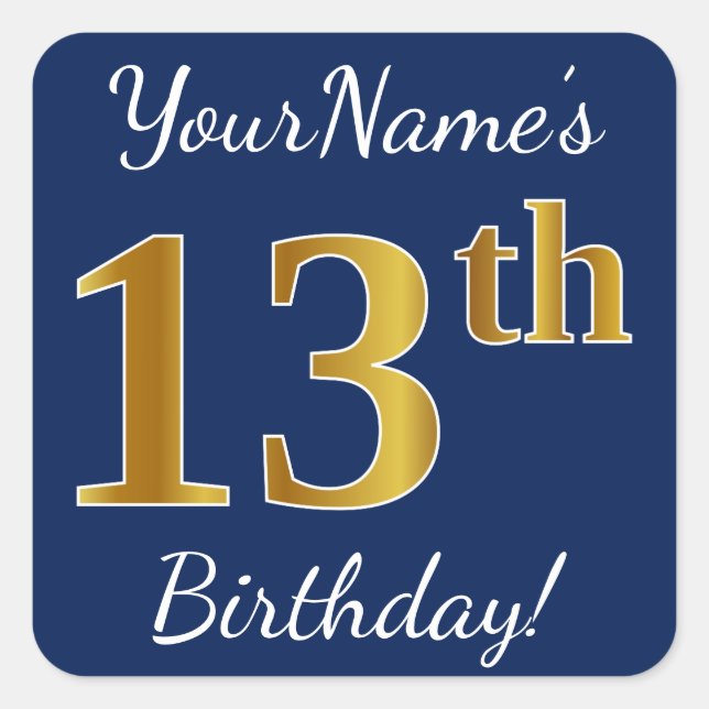 Blue, Faux Gold 13th Birthday + Custom Name Square Sticker (Front)