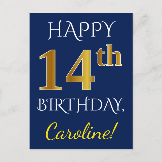 Blue, Faux Gold 14th Birthday + Custom Name Postcard (Front)