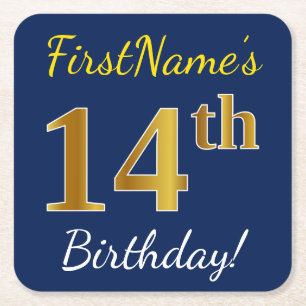 Blue, Faux Gold 14th Birthday + Custom Name Square Paper Coaster