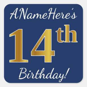 Blue, Faux Gold 14th Birthday + Custom Name Square Sticker