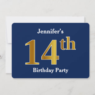 Blue, Faux Gold 14th Birthday Party + Custom Name Invitation