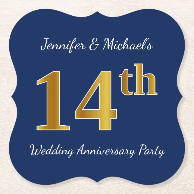 Blue, Faux Gold 14th Wedding Anniversary Party Paper Coaster (Front)