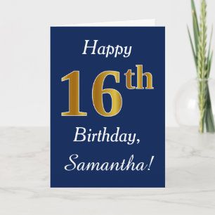 Blue, Faux Gold 16th Birthday + Custom Name Card