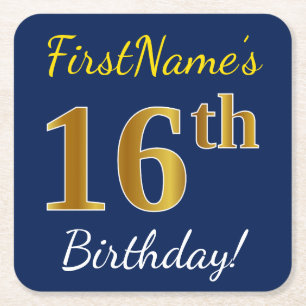 Blue, Faux Gold 16th Birthday + Custom Name Square Paper Coaster
