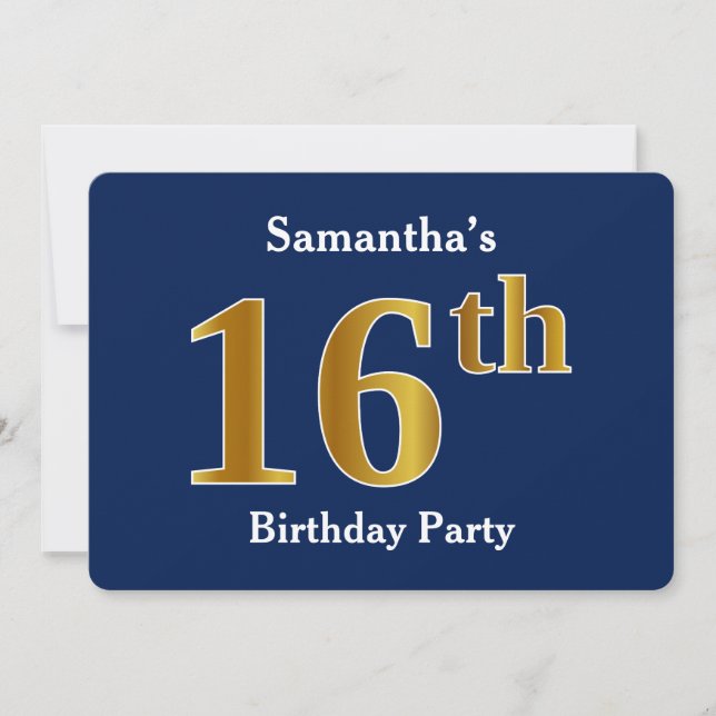 Blue, Faux Gold 16th Birthday Party + Custom Name Invitation (Front)