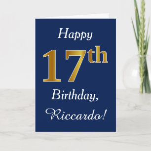 Blue, Faux Gold 17th Birthday + Custom Name Card