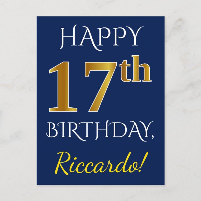 Blue, Faux Gold 17th Birthday + Custom Name Postcard (Front)