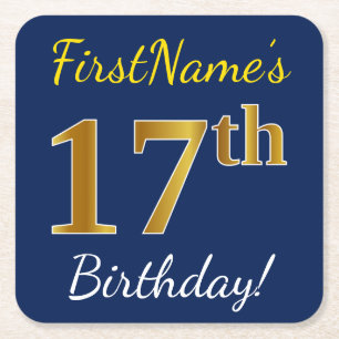 Blue, Faux Gold 17th Birthday + Custom Name Square Paper Coaster