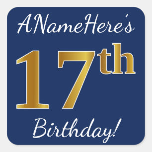 Blue, Faux Gold 17th Birthday + Custom Name Square Sticker