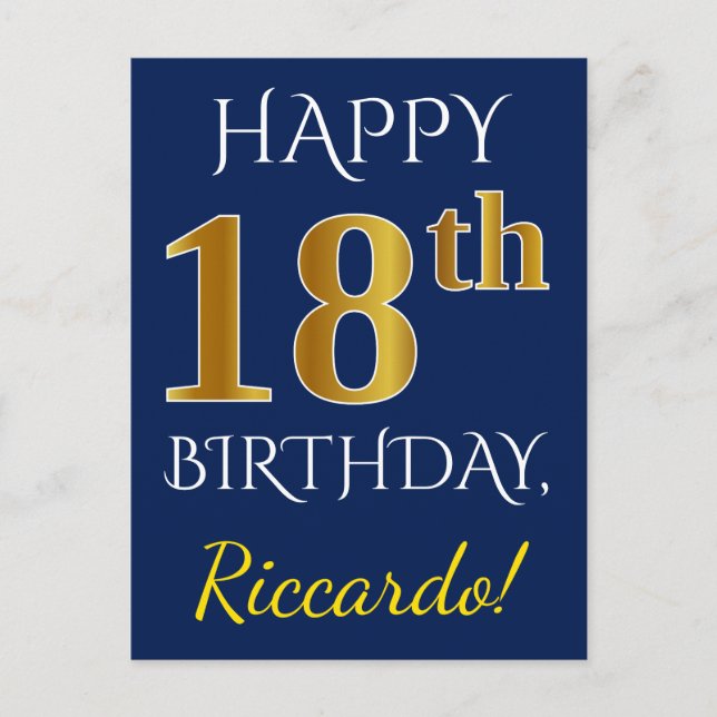 Blue, Faux Gold 18th Birthday + Custom Name Postcard (Front)