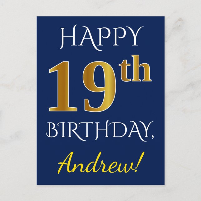 Blue, Faux Gold 19th Birthday + Custom Name Postcard (Front)