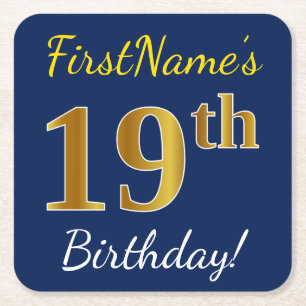 Blue, Faux Gold 19th Birthday + Custom Name Square Paper Coaster