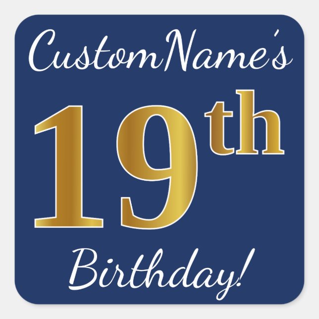 Blue, Faux Gold 19th Birthday + Custom Name Square Sticker (Front)