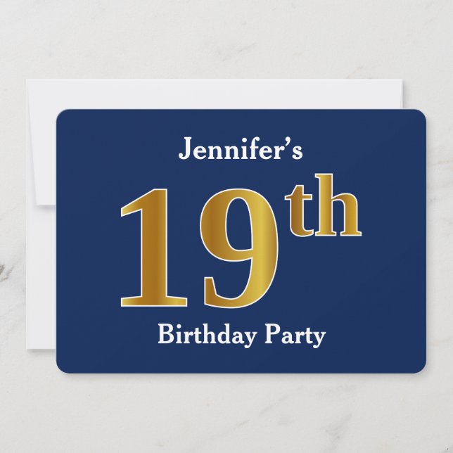 Blue, Faux Gold 19th Birthday Party + Custom Name Invitation (Front)