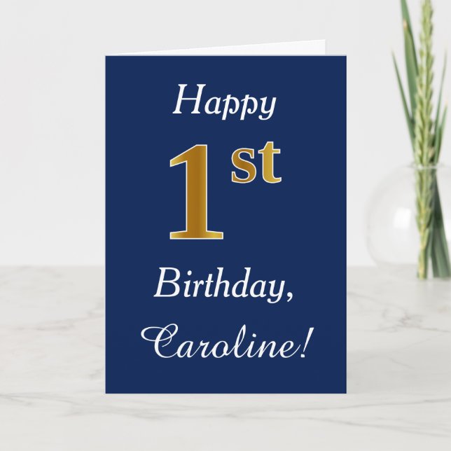 Blue, Faux Gold 1st Birthday + Custom Name Card (Front)
