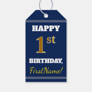 Blue, Faux Gold 1st Birthday + Custom Name Gift Tags