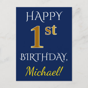 Blue, Faux Gold 1st Birthday + Custom Name Postcard