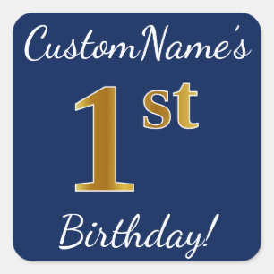 Blue, Faux Gold 1st Birthday + Custom Name Sticker