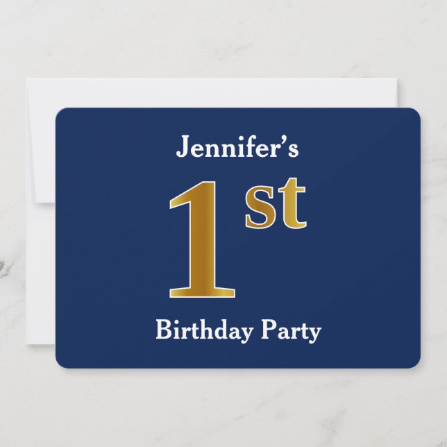 Blue, Faux Gold 1st Birthday Party + Custom Name Invitation (Front)