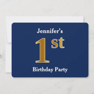 Blue, Faux Gold 1st Birthday Party + Custom Name Invitation