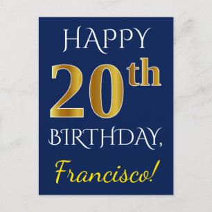 Blue, Faux Gold 20th Birthday + Custom Name Postcard