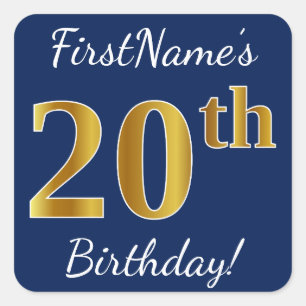 Blue, Faux Gold 20th Birthday + Custom Name Square Sticker