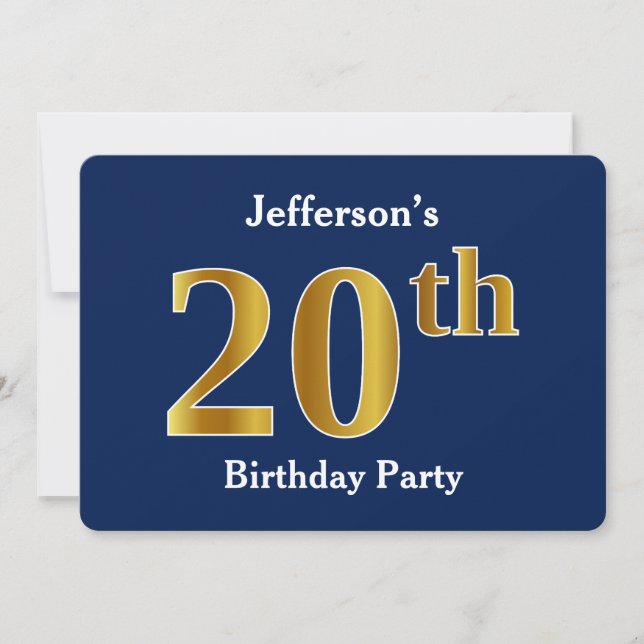 Blue, Faux Gold 20th Birthday Party + Custom Name Invitation (Front)