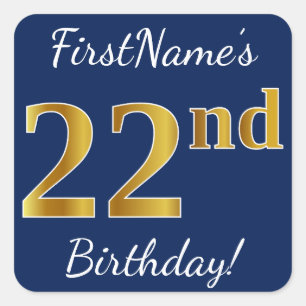 Blue, Faux Gold 22nd Birthday + Custom Name Square Sticker