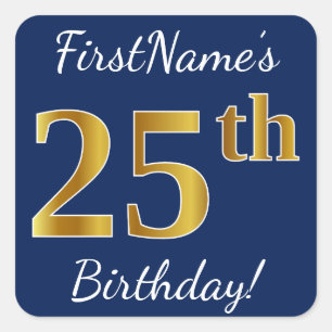Blue, Faux Gold 25th Birthday + Custom Name Square Sticker