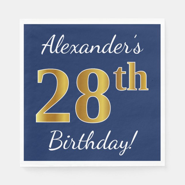 Blue, Faux Gold 28th Birthday + Custom Name Napkin (Front)