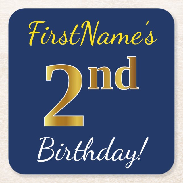 Blue, Faux Gold 2nd Birthday + Custom Name Square Paper Coaster (Front)