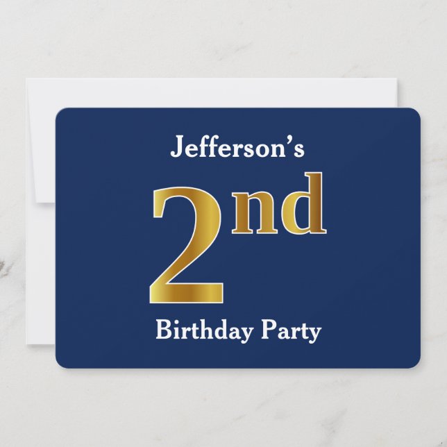 Blue, Faux Gold 2nd Birthday Party + Custom Name Invitation (Front)
