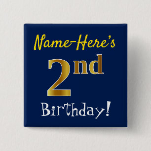 Blue, Faux Gold 2nd Birthday, With Custom Name 15 Cm Square Badge