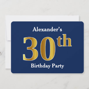 Blue, Faux Gold 30th Birthday Party + Custom Name Invitation