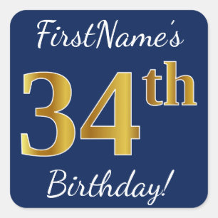 Blue, Faux Gold 34th Birthday + Custom Name Square Sticker